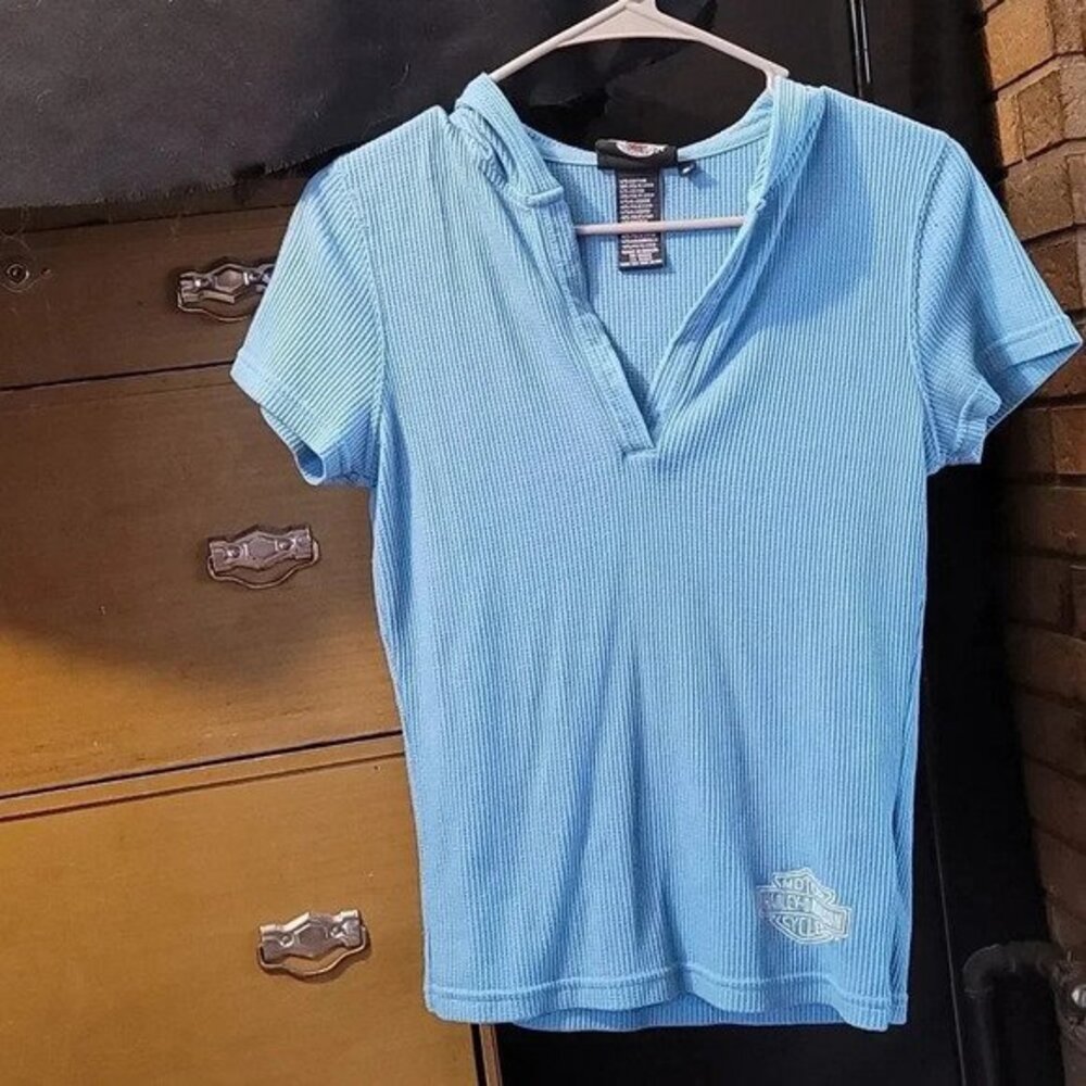Harley-Davidson blue short-sleeved hoodie shirt
